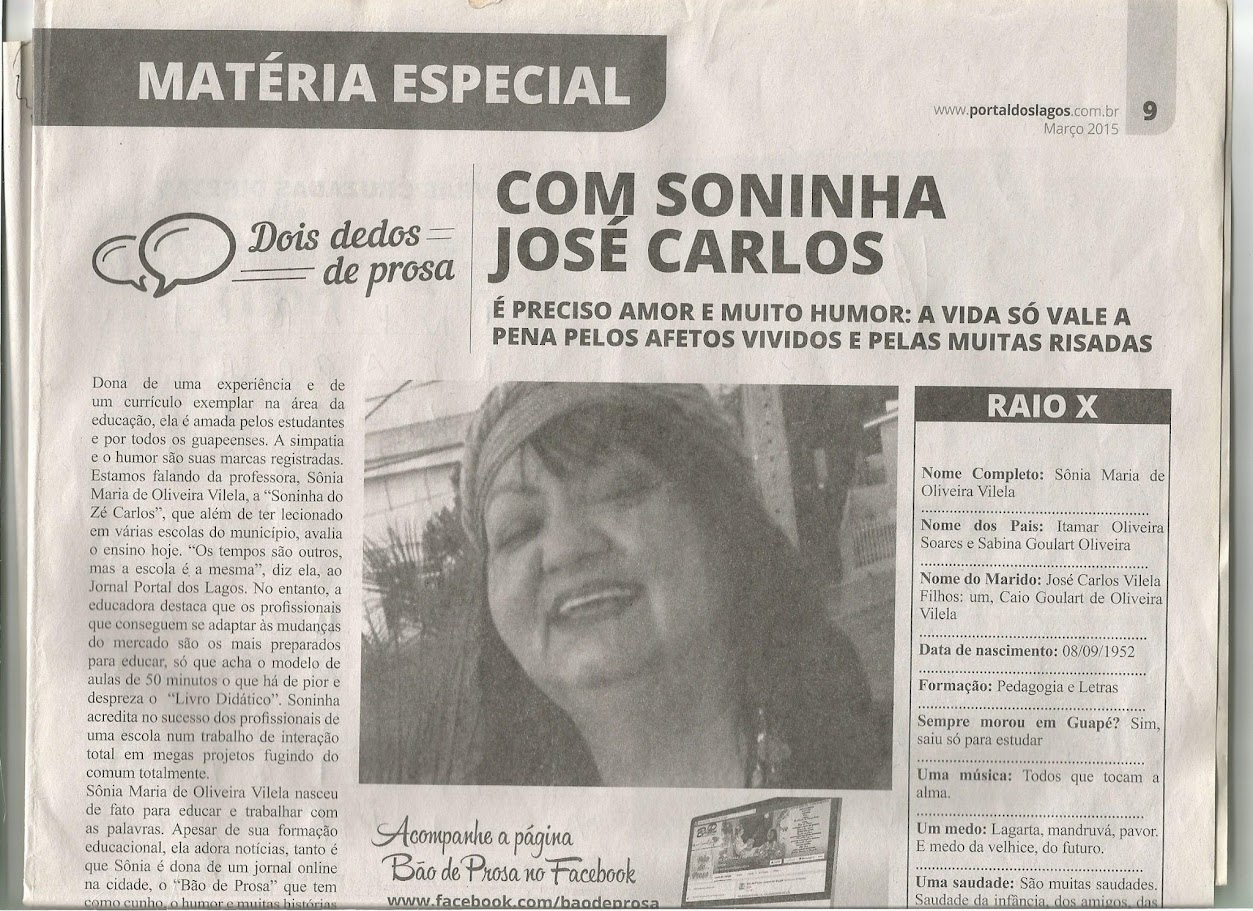 Matéria Dois dedos de prosa com Soninha José Carlos — Portal dos Lagos, março 2015